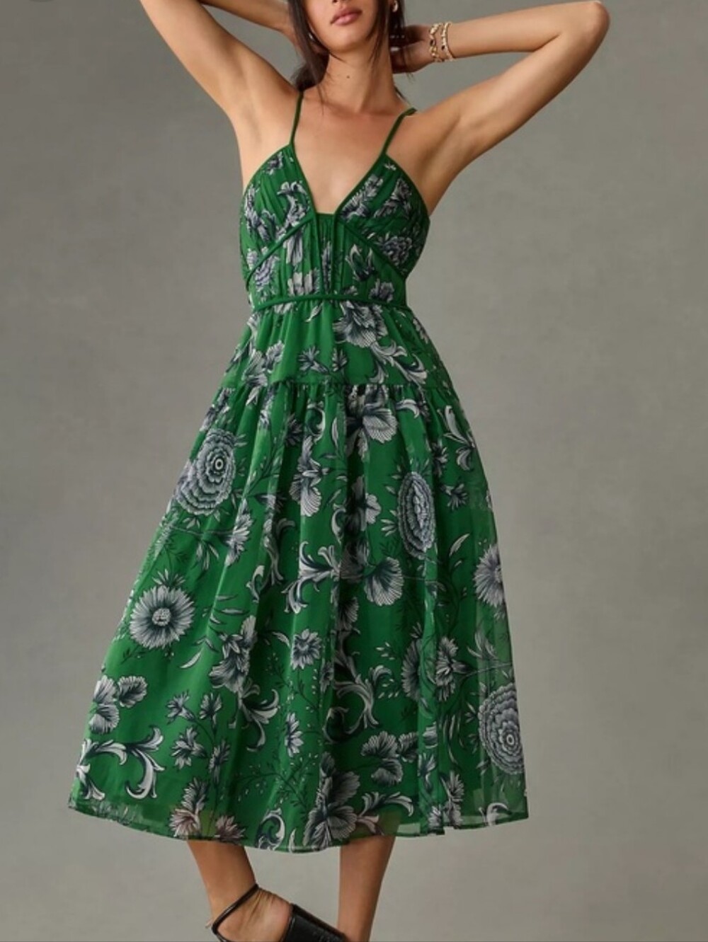 Anthropologie Green Floral Midi Dress Small Smocked Back Sweetheart Boho Cottage - Picture 8 of 11